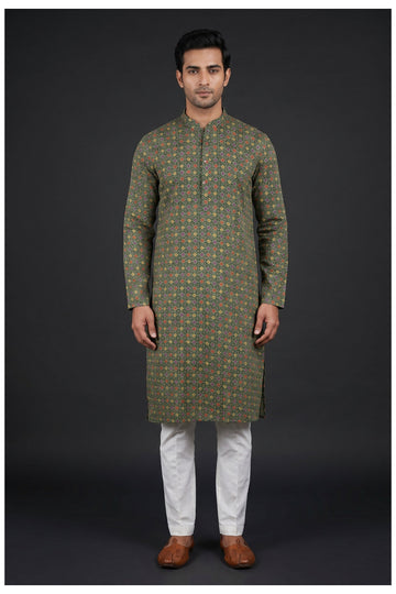 Bottle Green Geometric Printed Men'S Kurta