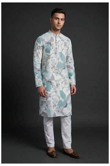 Off White Floral Printed Men'S Kurta