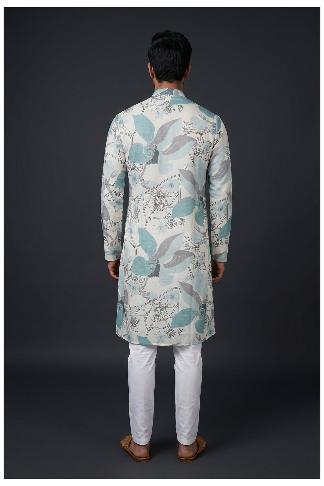 Off White Floral Printed Men'S Kurta