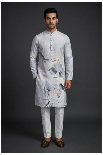 Light Grey Watercolor Printed Men'S Kurta
