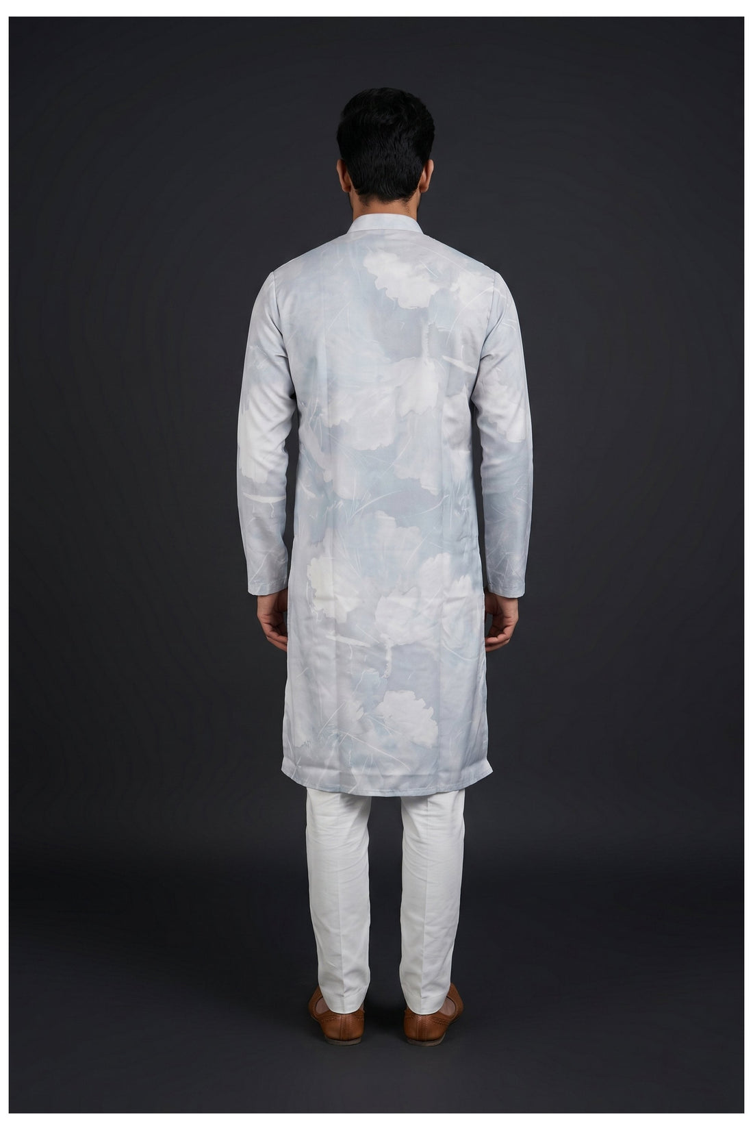 Light Grey Watercolor Printed Men'S Kurta