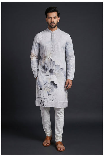 Light Grey Printed Men'S Kurta