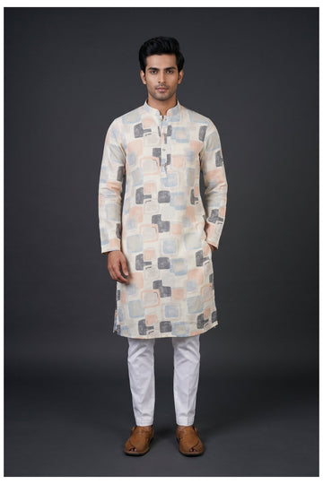 Off White Abstract Printed Men'S Kurta