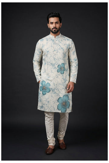 Off White Floral And Abstract Printed Men'S Kurta