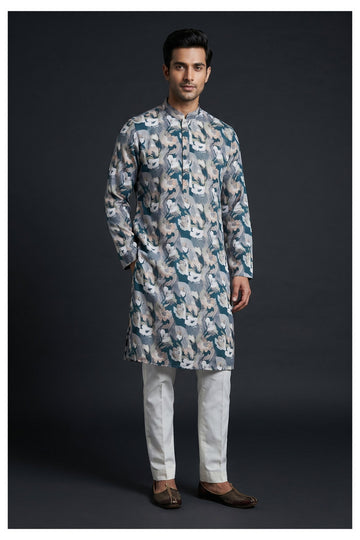 Teal Floral Printed Men’S Kurta Set