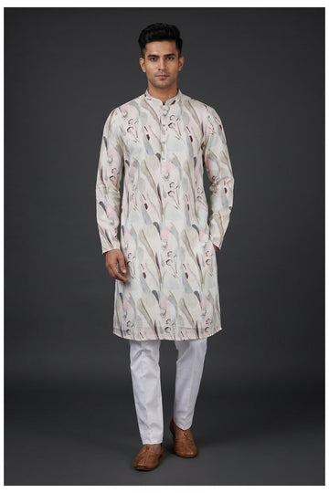 Off White Floral Printed Men'S Kurta