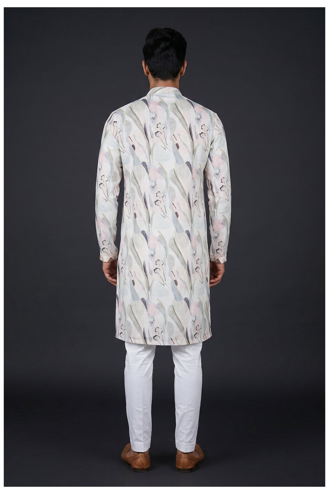 Off White Floral Printed Men'S Kurta