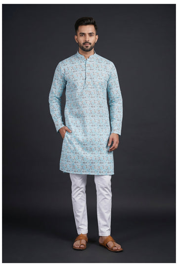 Sky Blue Floral Printed Men'S Kurta