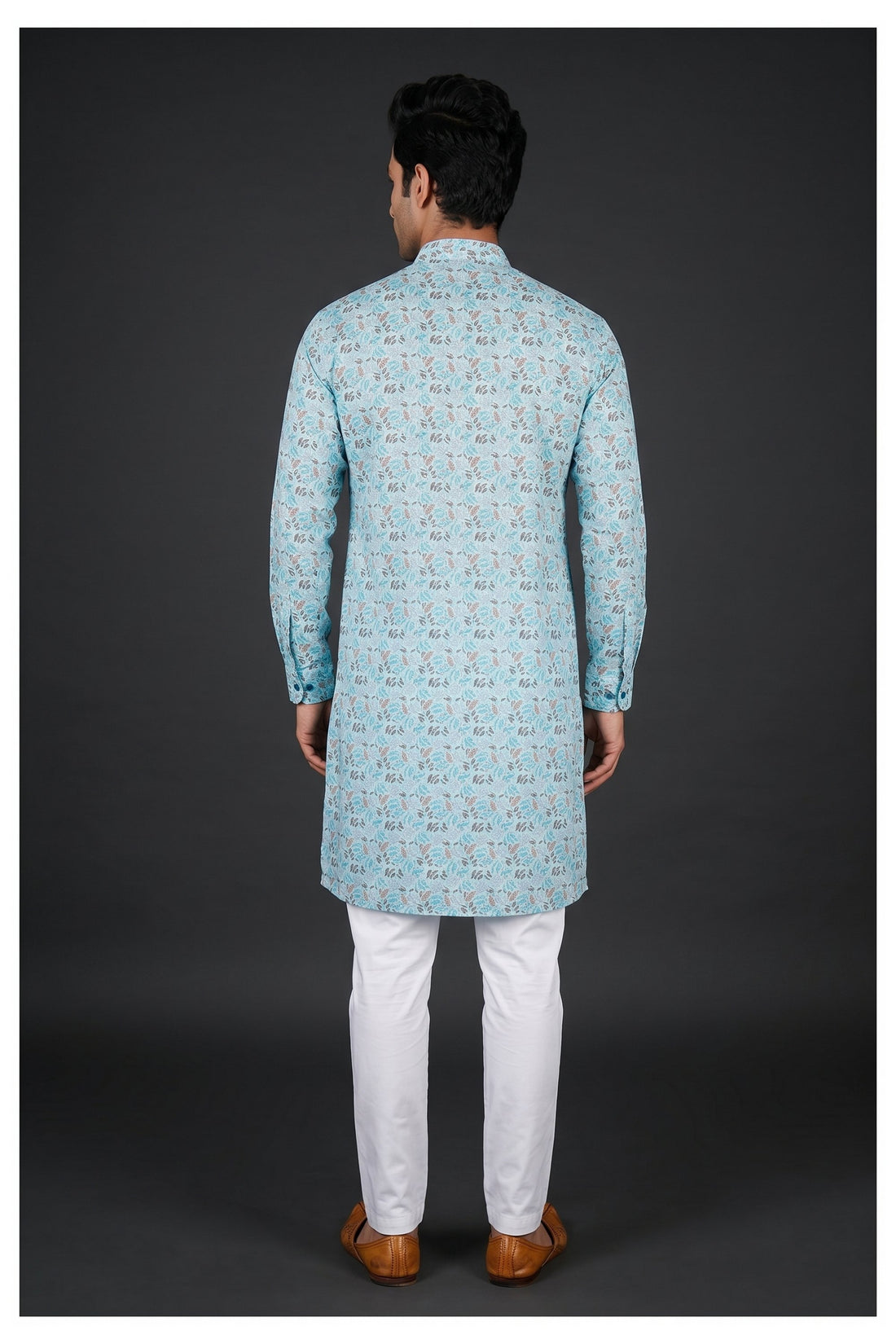 Sky Blue Floral Printed Men'S Kurta