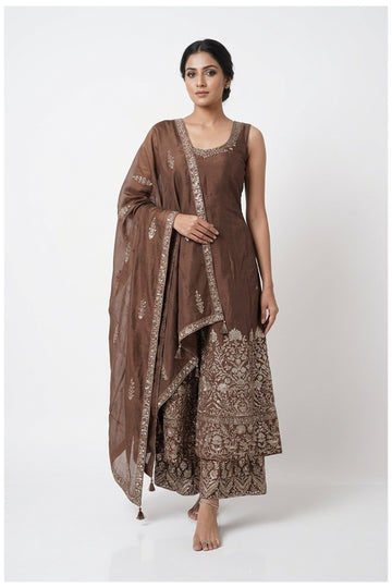 Chocolate Brown Zari Woven Kurta Palazzo Set With Dupatta