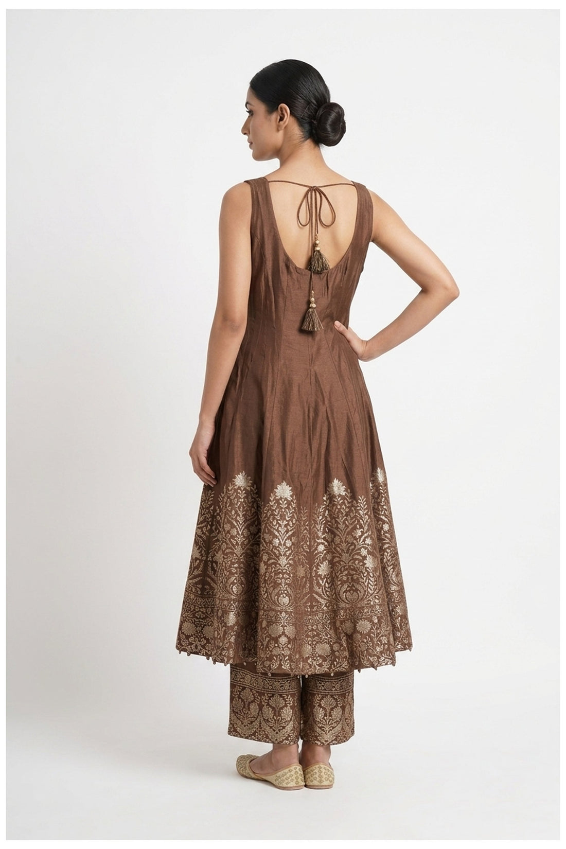 Chocolate Brown Zari Woven Kurta Palazzo Set With Dupatta