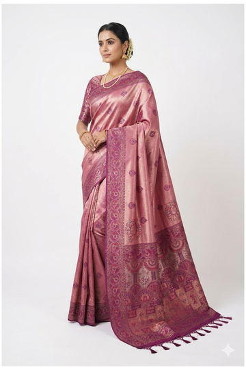 Pink Banarasi Silk Saree With Traditional Zari Weaving And Designer Pallu