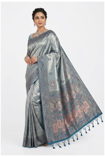 Silver Blue Banarasi Silk Saree With Heritage Zari Weaving