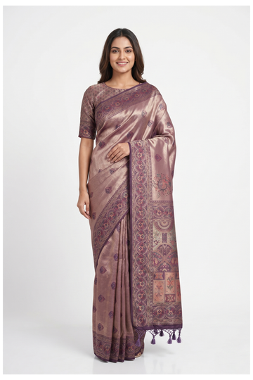 Dusty Rose Banarasi Silk Saree With All Over Zari Weaving