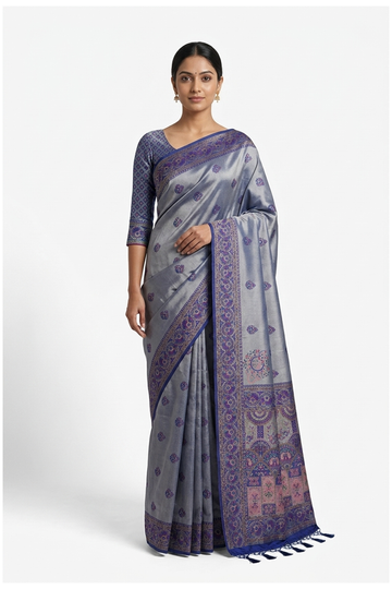 Lavender Grey Banarasi Art Silk Wedding Party Wear Saree