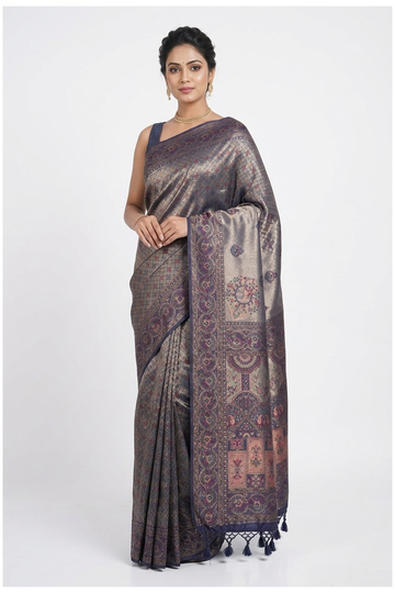 Steel Grey Banarasi Silk Saree With Heritage Zari Weaving