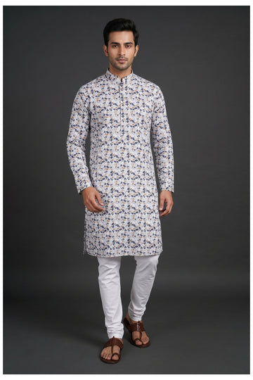 White Floral Printed Men’S Kurta