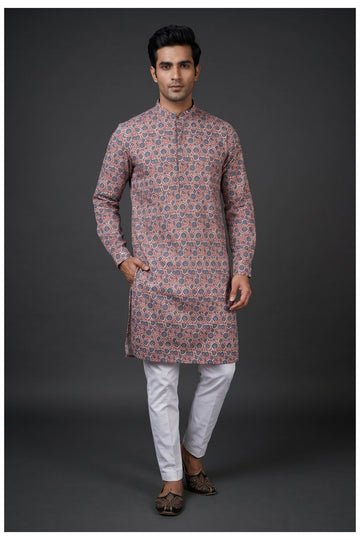 Dusty Rose Floral Printed Men'S Kurta