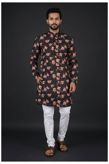 Black Floral Printed Men’S Kurta Set