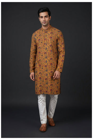 Mustard Floral Printed Men'S Kurta