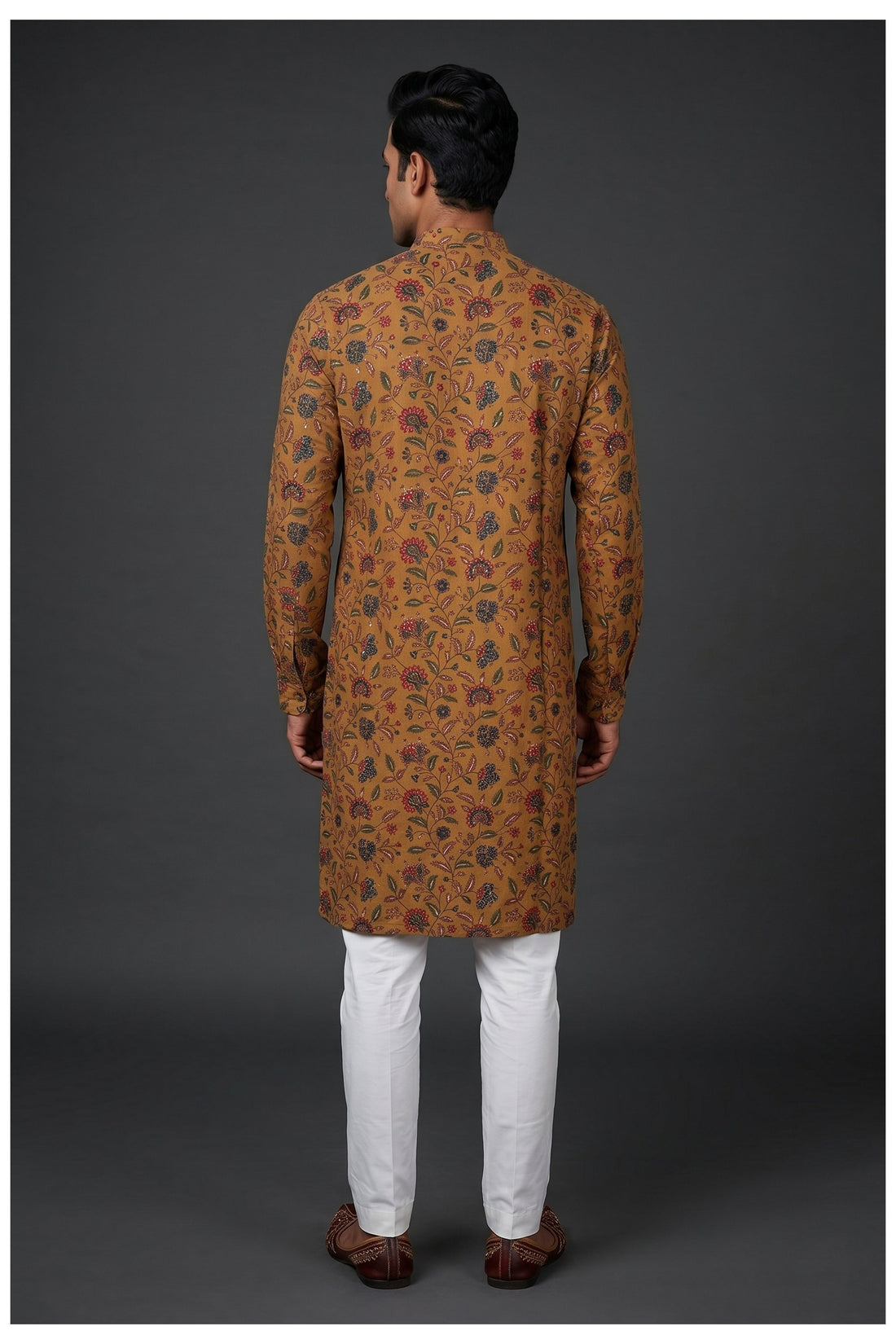 Mustard Floral Printed Men'S Kurta