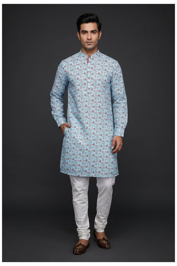 Sky Blue Floral Printed Men'S Kurta