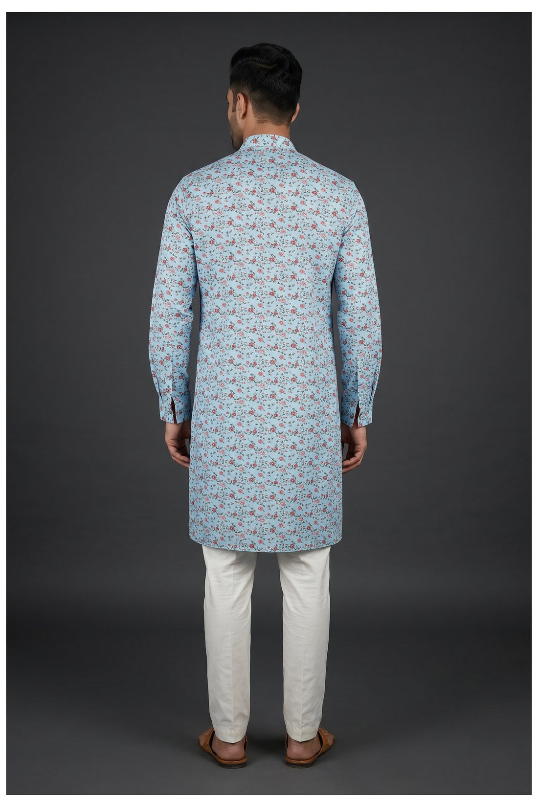 Sky Blue Floral Printed Men'S Kurta