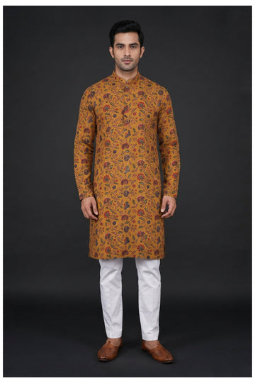 Mustard Floral Printed Men'S Kurta
