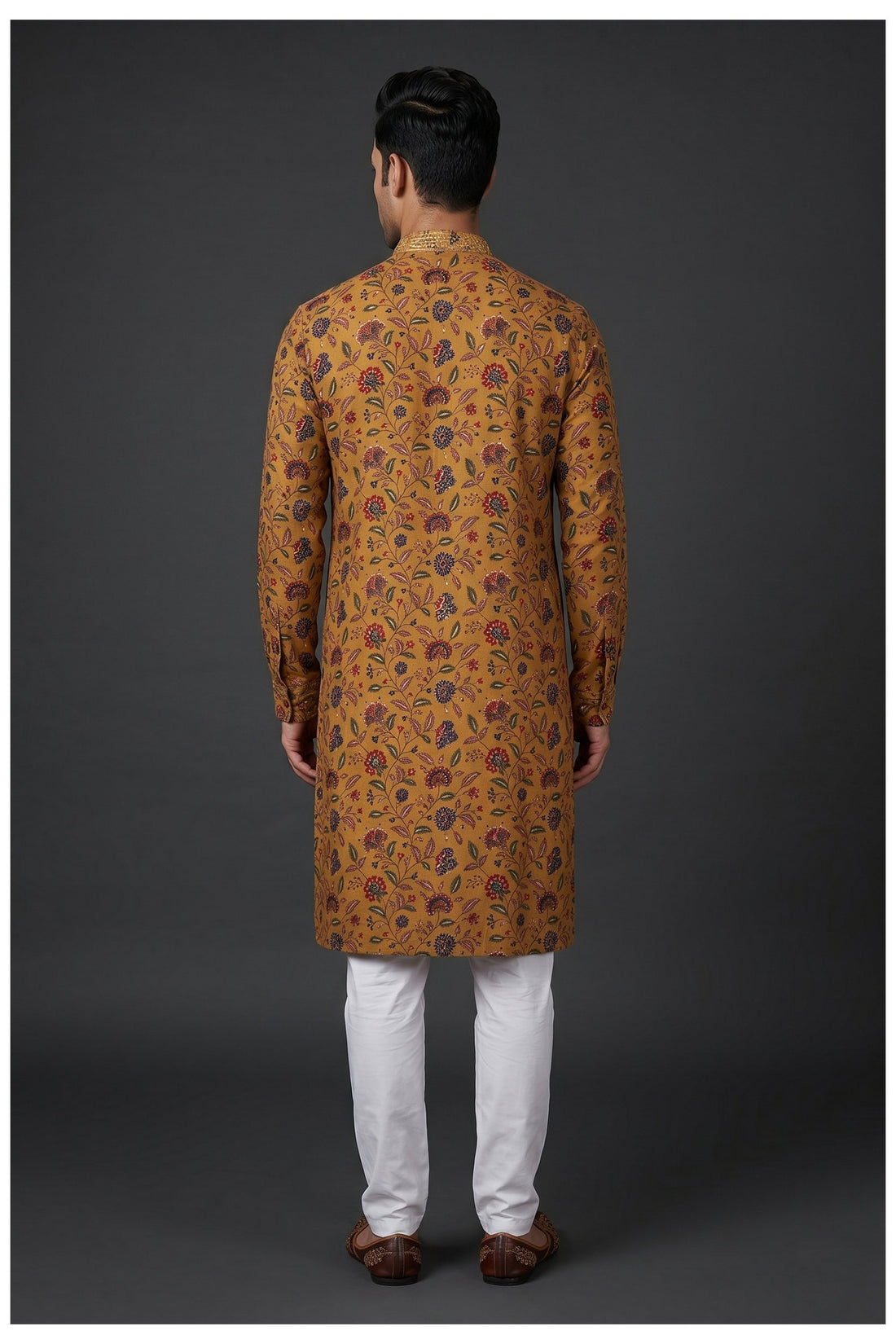 Mustard Floral Printed Men'S Kurta