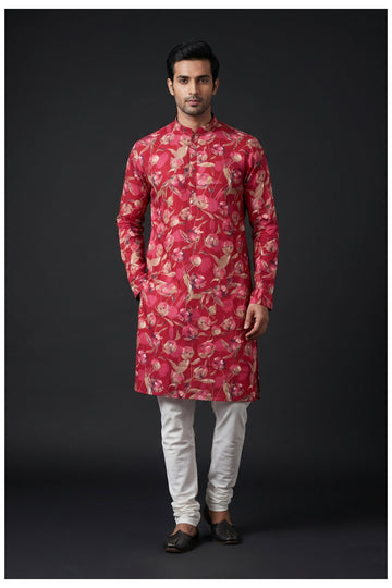 Maroon Floral Printed Men'S Kurta