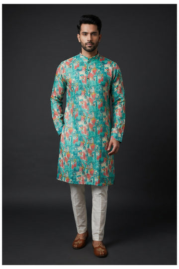 Aqua Green Abstract Printed Men'S Kurta