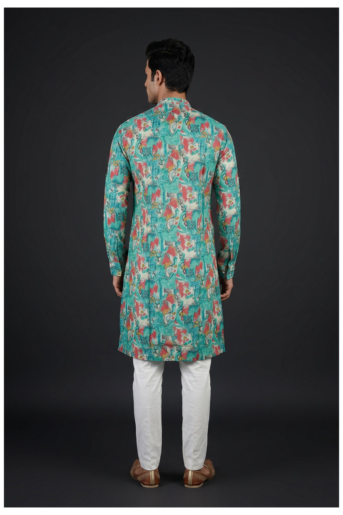 Aqua Green Abstract Printed Men'S Kurta