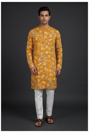 Mustard Floral Printed Men’S Kurta