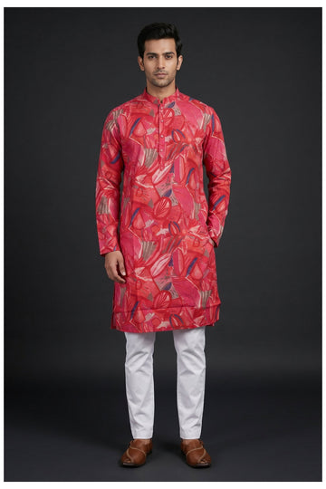 Crimson Red Abstract Printed Men'S Kurta
