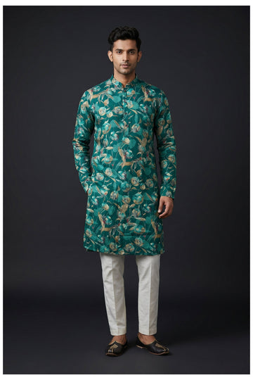 Teal Green Floral Printed Men'S Kurta