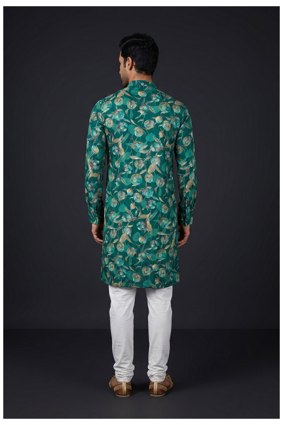 Teal Green Floral Printed Men'S Kurta