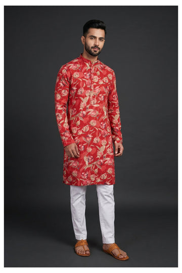 Red Floral Printed Men’S Kurta