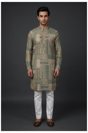 Sage Green Patchwork Printed Men'S Kurta