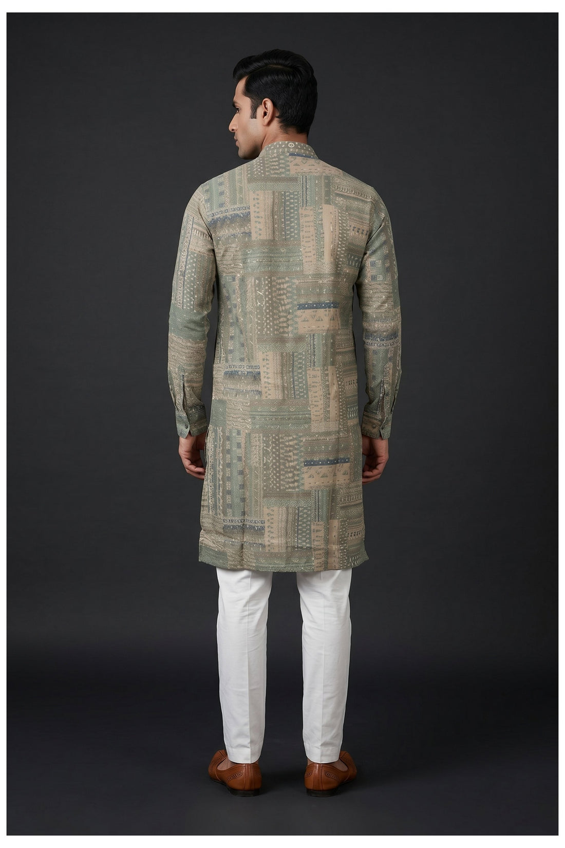 Sage Green Patchwork Printed Men'S Kurta