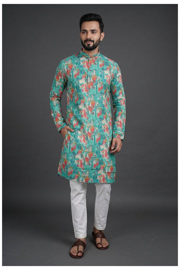 Aqua Abstract Printed Men’S Kurta Set