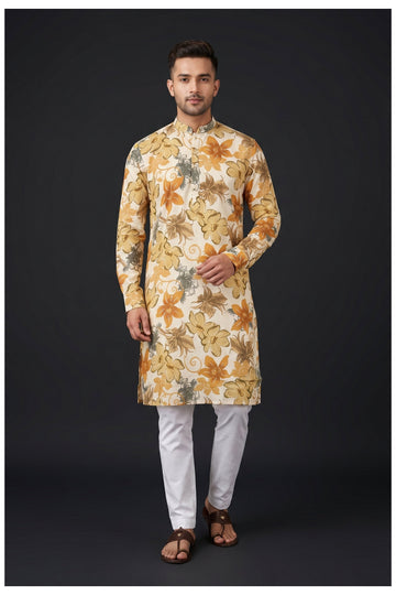 Cream Floral Printed Men’S Kurta Set