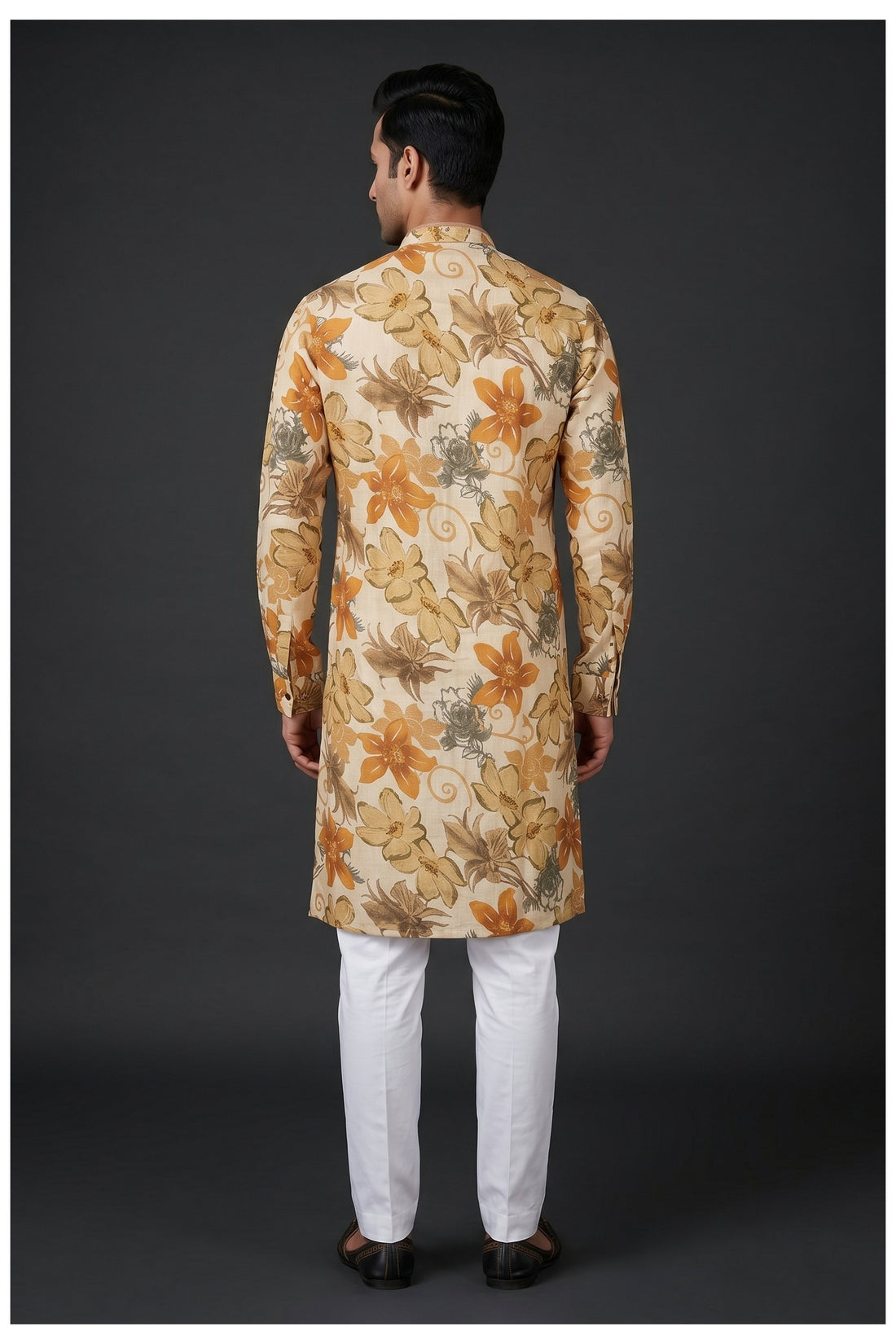 Cream Floral Printed Men’S Kurta Set