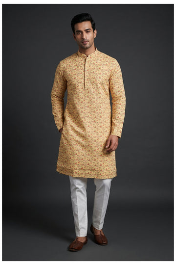 Light Yellow Floral Printed Men'S Kurta
