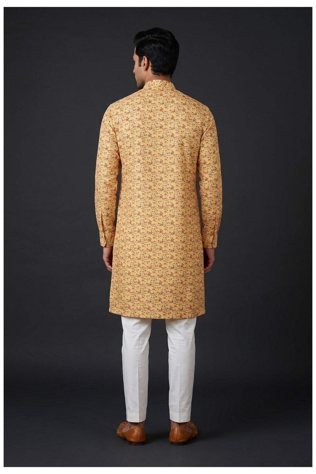 Light Yellow Floral Printed Men'S Kurta