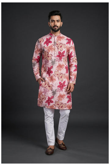 Light Pink Floral Printed Men'S Kurta