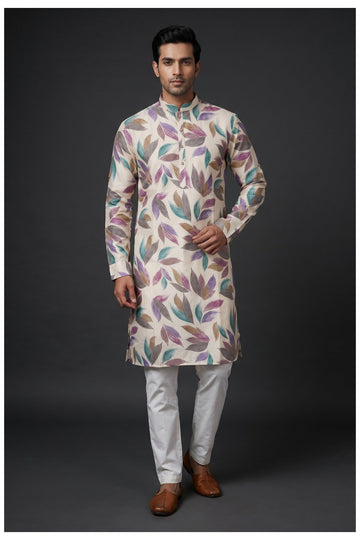 Off White Leaf Printed Men'S Kurta