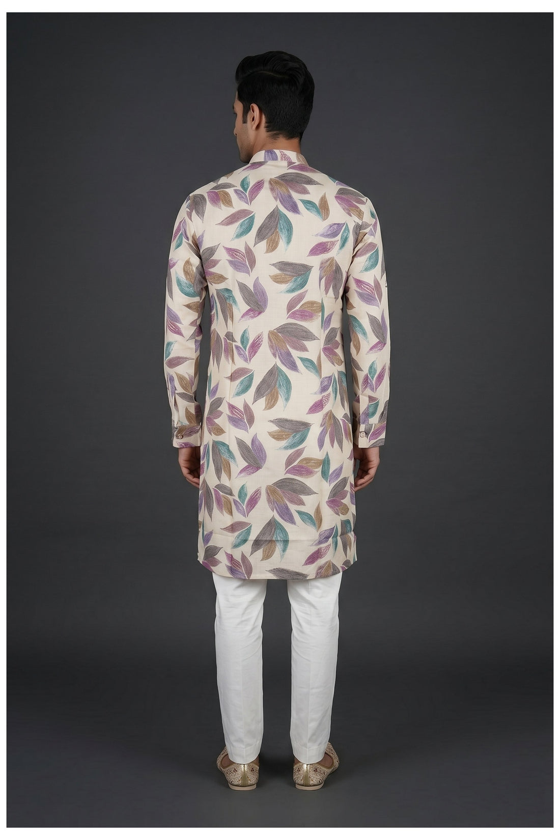 Off White Leaf Printed Men'S Kurta