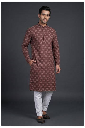 Mahogany Brown Floral Printed Men'S Kurta
