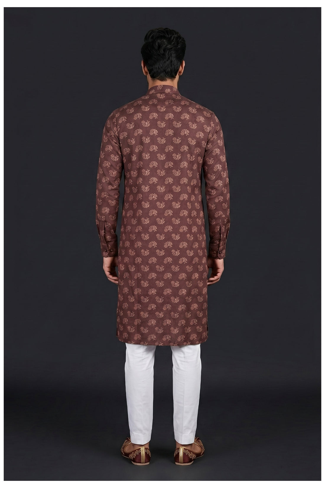 Mahogany Brown Floral Printed Men'S Kurta