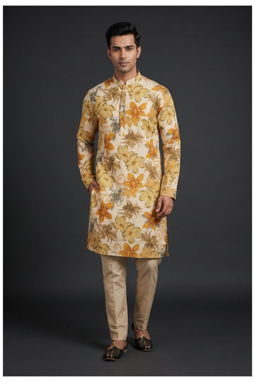 Beige Floral Printed Men'S Kurta